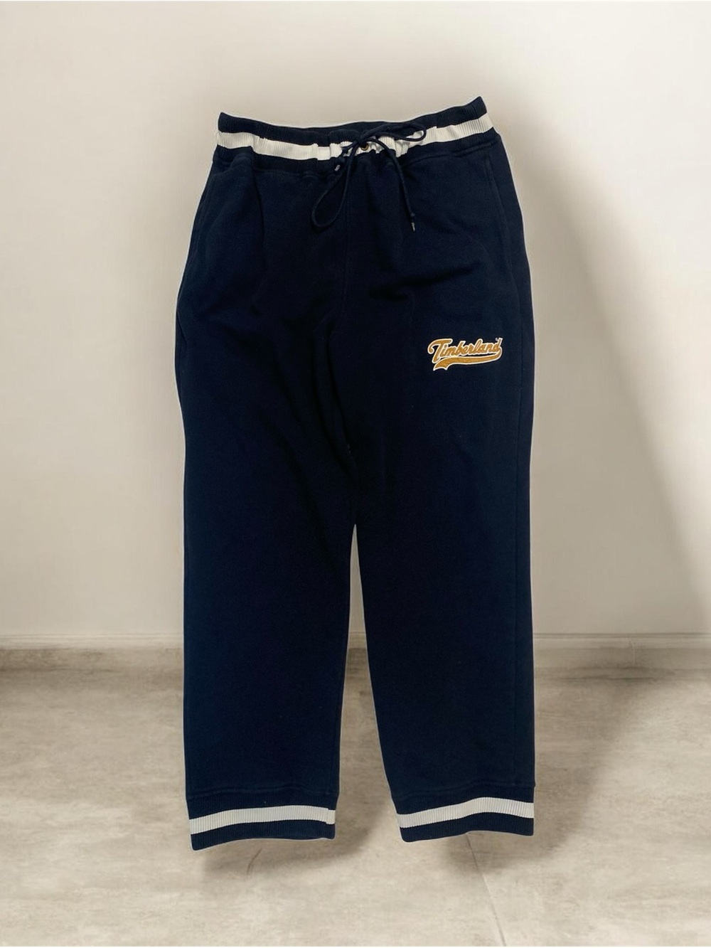 Timberland Vintage Varsity Style Navy Joggers White Trim and Yellow Logo Patch L
